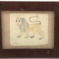 Charming Little 19th C. Naive Lion Drawing in Period Frame