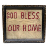 GOD BLESS OUR HOME, Wonderfully Crude Make Do Embroidery on Wire Mesh Screen, Original Frame