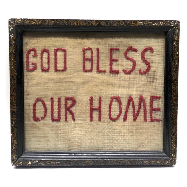 GOD BLESS OUR HOME, Wonderfully Crude Make Do Embroidery on Wire Mesh Screen, Original Frame
