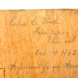 To Celia Woods from Aunt Rena, 1862, Vermont: Perfect Condition Carved Out, Chip Carved Blonde Wood Slide Lid Box with Heart