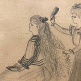 Long Hair, Brush Raised, Book in Hands, Wonderful 19th Century Naive Graphite Drawing