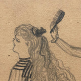 Long Hair, Brush Raised, Book in Hands, Wonderful 19th Century Naive Graphite Drawing