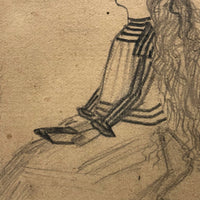 Long Hair, Brush Raised, Book in Hands, Wonderful 19th Century Naive Graphite Drawing