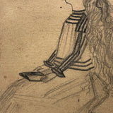 Long Hair, Brush Raised, Book in Hands, Wonderful 19th Century Naive Graphite Drawing