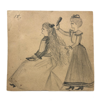 Long Hair, Brush Raised, Book in Hands, Wonderful 19th Century Naive Graphite Drawing