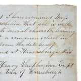 Testimonial on Behalf of Miss Marsha Shearer's Moral Character and Ability to Teach Common School, Harrisburg, PA, 1854