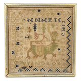 Lion with Key, Figures, Alphabet and More, c. Early 19th Century Needlepoint Sampler Worked From All Sides
