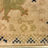 Lion with Key, Figures, Alphabet and More, c. Early 19th Century Needlepoint Sampler Worked From All Sides