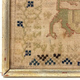 Lion with Key, Figures, Alphabet and More, c. Early 19th Century Needlepoint Sampler Worked From All Sides