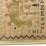 Lion with Key, Figures, Alphabet and More, c. Early 19th Century Needlepoint Sampler Worked From All Sides