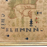 Lion with Key, Figures, Alphabet and More, c. Early 19th Century Needlepoint Sampler Worked From All Sides