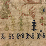 Lion with Key, Figures, Alphabet and More, c. Early 19th Century Needlepoint Sampler Worked From All Sides