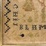 Lion with Key, Figures, Alphabet and More, c. Early 19th Century Needlepoint Sampler Worked From All Sides