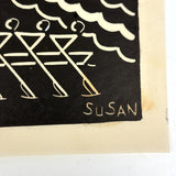 Rowers, Susan Flint 1930s Linocut  Illustration for The New Yorker, with Original Editorial Stamped Cardboard