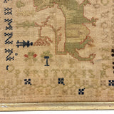 Lion with Key, Figures, Alphabet and More, c. Early 19th Century Needlepoint Sampler Worked From All Sides