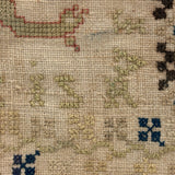 Lion with Key, Figures, Alphabet and More, c. Early 19th Century Needlepoint Sampler Worked From All Sides