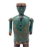 Curious c. Early 20th Century Carved Folk Art Man in Green and Black with Swinging Arms and Custom Base