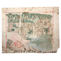 Falls of the Pine Run, Enthusiastically Observed 1887 Pen Ink Drawing with Charming Narrative on Reverse