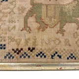 Lion with Key, Figures, Alphabet and More, c. Early 19th Century Needlepoint Sampler Worked From All Sides