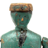Curious c. Early 20th Century Carved Folk Art Man in Green and Black with Swinging Arms and Custom Base