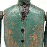 Curious c. Early 20th Century Carved Folk Art Man in Green and Black with Swinging Arms and Custom Base