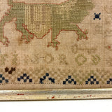 Lion with Key, Figures, Alphabet and More, c. Early 19th Century Needlepoint Sampler Worked From All Sides