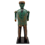 Curious c. Early 20th Century Carved Folk Art Man in Green and Black with Swinging Arms and Custom Base