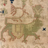 Lion with Key, Figures, Alphabet and More, c. Early 19th Century Needlepoint Sampler Worked From All Sides