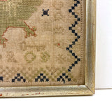 Lion with Key, Figures, Alphabet and More, c. Early 19th Century Needlepoint Sampler Worked From All Sides