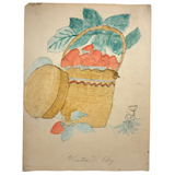 Full of Life Basket of Strawberries, Charming Naive Watercolor Drawing by Katie Eby, 1909, Pennsylvania
