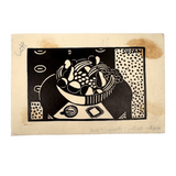 Bowl of Fruit, Susan Flint 1938 Signed Linocut Illustration for The New Yorker, with Original Editorial Stamped Cardboard