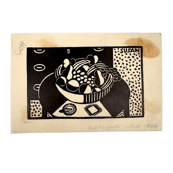 Bowl of Fruit, Susan Flint 1938 Signed Linocut Illustration for The New Yorker, with Original Editorial Stamped Cardboard