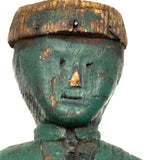 Curious c. Early 20th Century Carved Folk Art Man in Green and Black with Swinging Arms and Custom Base