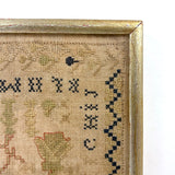 Lion with Key, Figures, Alphabet and More, c. Early 19th Century Needlepoint Sampler Worked From All Sides
