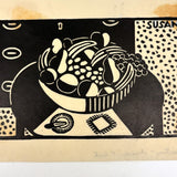 Bowl of Fruit, Susan Flint 1938 Signed Linocut Illustration for The New Yorker, with Original Editorial Stamped Cardboard