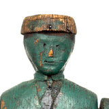 Curious c. Early 20th Century Carved Folk Art Man in Green and Black with Swinging Arms and Custom Base