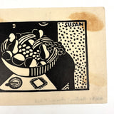 Bowl of Fruit, Susan Flint 1938 Signed Linocut Illustration for The New Yorker, with Original Editorial Stamped Cardboard