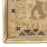 Lion with Key, Figures, Alphabet and More, c. Early 19th Century Needlepoint Sampler Worked From All Sides