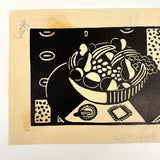 Bowl of Fruit, Susan Flint 1938 Signed Linocut Illustration for The New Yorker, with Original Editorial Stamped Cardboard
