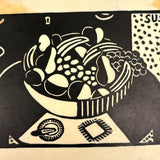 Bowl of Fruit, Susan Flint 1938 Signed Linocut Illustration for The New Yorker, with Original Editorial Stamped Cardboard