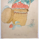 Full of Life Basket of Strawberries, Charming Naive Watercolor Drawing by Katie Eby, 1909, Pennsylvania
