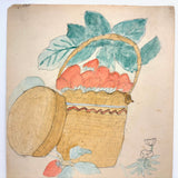 Full of Life Basket of Strawberries, Charming Naive Watercolor Drawing by Katie Eby, 1909, Pennsylvania