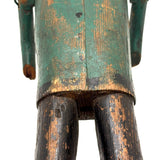 Curious c. Early 20th Century Carved Folk Art Man in Green and Black with Swinging Arms and Custom Base