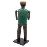 Curious c. Early 20th Century Carved Folk Art Man in Green and Black with Swinging Arms and Custom Base