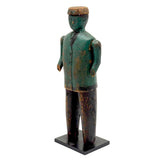 Curious c. Early 20th Century Carved Folk Art Man in Green and Black with Swinging Arms and Custom Base