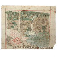 Falls of the Pine Run, Enthusiastically Observed 1887 Pen Ink Drawing with Charming Narrative on Reverse