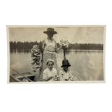 Woman and Children on Rowboat Holding Waterlilies, Poetic Antique Snapshot Photo