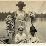 Woman and Children on Rowboat Holding Waterlilies, Poetic Antique Snapshot Photo