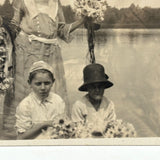 Woman and Children on Rowboat Holding Waterlilies, Poetic Antique Snapshot Photo