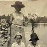 Woman and Children on Rowboat Holding Waterlilies, Poetic Antique Snapshot Photo
